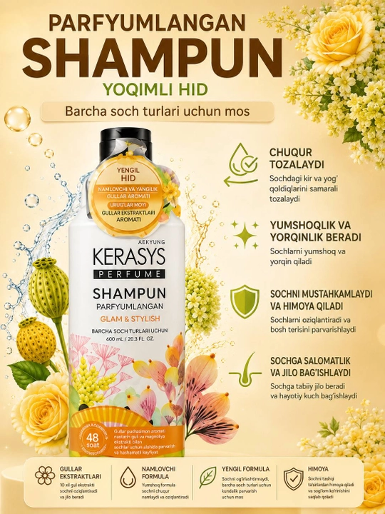 Parfyumlangan shampun Kerasys Perfume soch uchun, yumshoq parvarish, Kerasays shampun