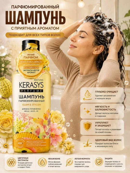 Parfyumlangan shampun Kerasys Perfume soch uchun, yumshoq parvarish, Kerasays shampun
