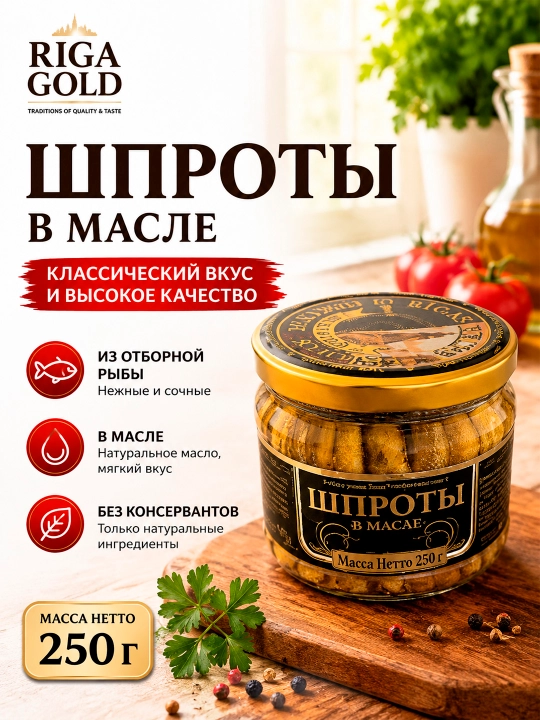 Stek - Yog‘dagi shprotlar Riga Gold  250 g - 