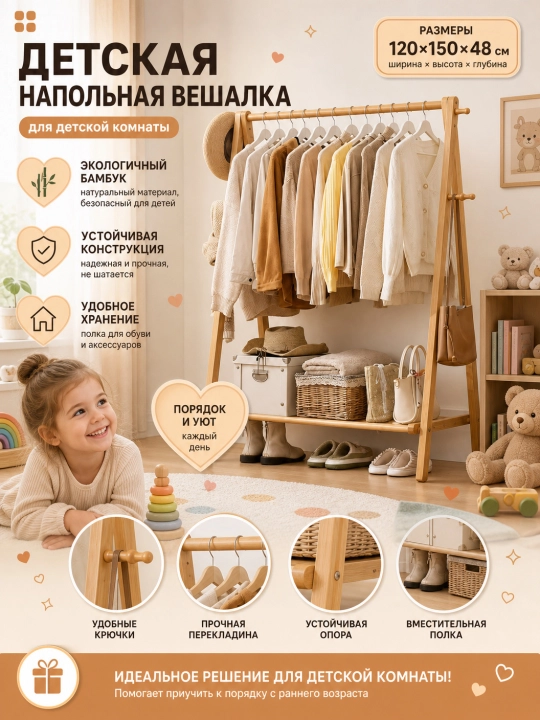 Вешалка напольная для одежды, с обувницей, на колесиках, металлическая - 