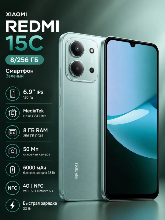 Смартфон Xiaomi Redmi 15C 8/256, Зеленый - 