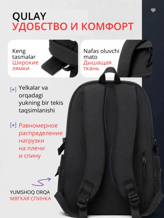 Рюкзак школьный, для ноутбука, с ортопедической спинкой, городской, с USB, портфель