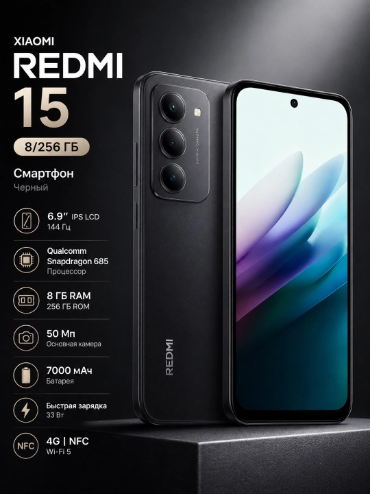 Смартфон Xiaomi Redmi 15 8/256, Черный - 