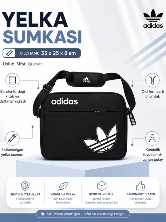 Maktab, kitoblar, daftarlar, sport, ish, o‘qish va sayohatlar uchun mo‘ljallangan yelkaga osib yuriladigan unisex sumka