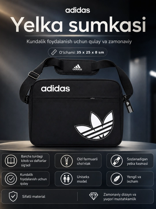 Maktab, kitoblar, daftarlar, sport, ish, o‘qish va sayohatlar uchun mo‘ljallangan yelkaga osib yuriladigan unisex sumka - 