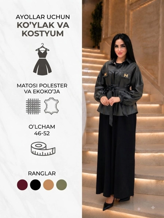 Ko ylaklar ayollar va eko koja  kastyum to'plami belbog'li, ko'ylaklar ayollar uchun  46-52