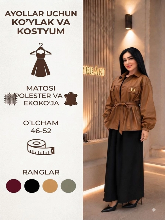 Ko ylaklar ayollar va eko koja  kastyum to'plami belbog'li, ko'ylaklar ayollar uchun  46-52