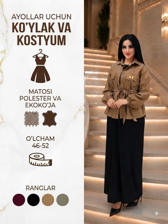 Ko ylaklar ayollar va eko koja  kastyum to'plami belbog'li, ko'ylaklar ayollar uchun  46-52