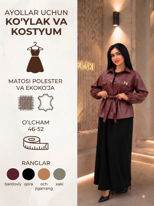 Ko ylaklar ayollar va eko koja  kastyum to'plami belbog'li, ko'ylaklar ayollar uchun  46-52