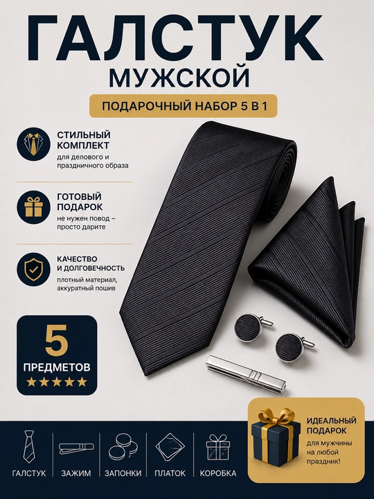 Галстук мужской, классический, подарочный набор, платок, галстук, запонки, зажим - 