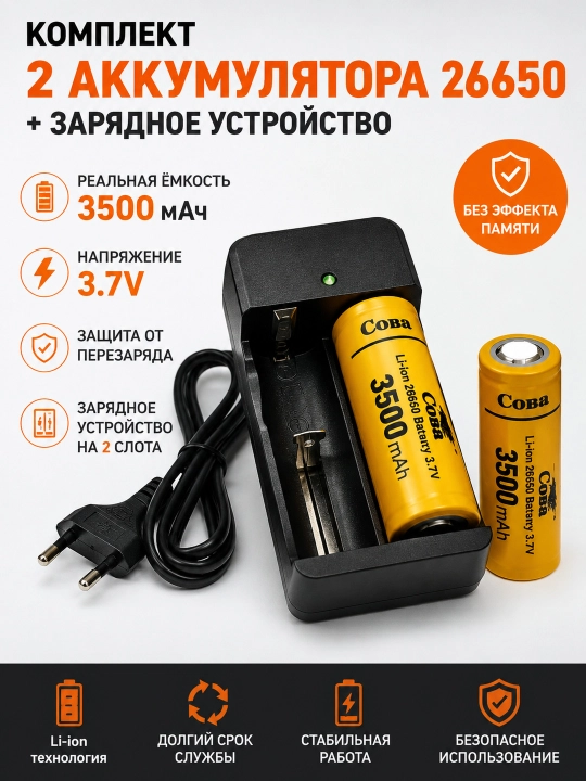 Комплект аккумуляторов COBA 26650 + зарядное устройство - 