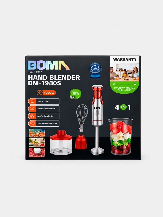 Qo'l blenderi 4 in 1, quvvati 300-1000W BOMA, ko‘p funksiyali blender, metall pogrujnoy