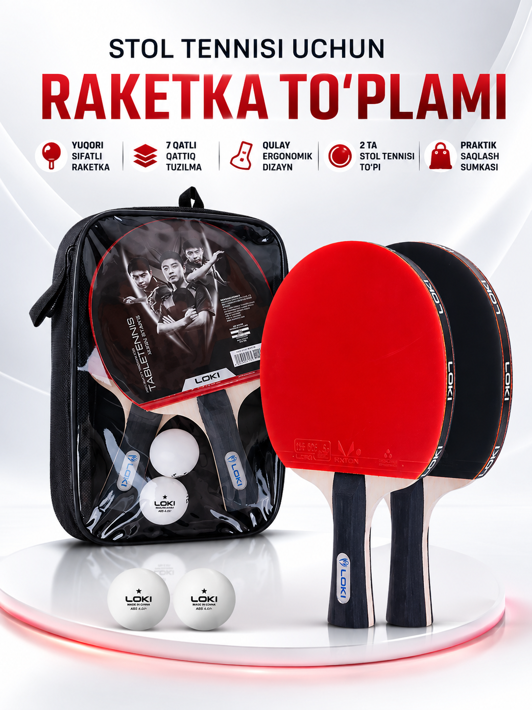 Stol tennisi raketkalari LOKI, 2 ta raketka, 2 ta to‘p va himoya g‘ilofi bilan - 