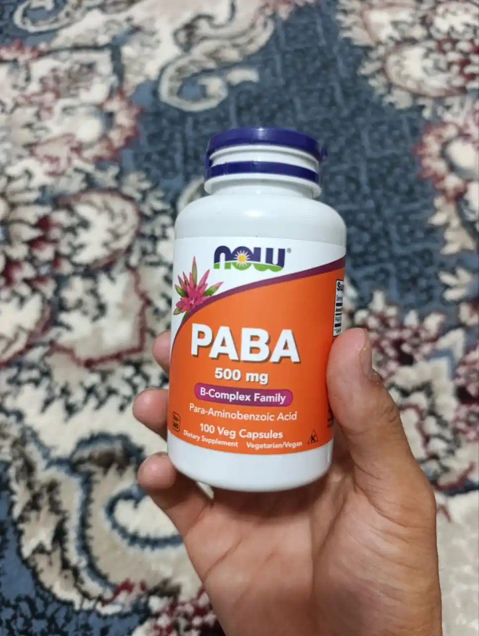 NOW Foods PABK 500 mg, 100 kapsula – teri, soch va hujayralarni qarishdan himoya qilish
