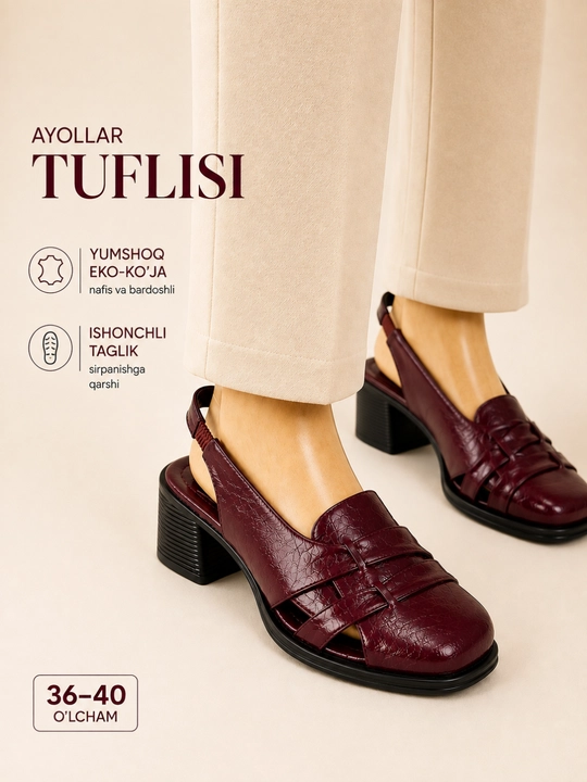 Ayollar poyabzali, yumshoq eko charm, qulay poshnali boshmoq, 36-40 sm - 