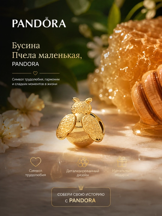 Мини-шарм Pandora Пчела, покрытие 14K золотом, 764524C00 - 
