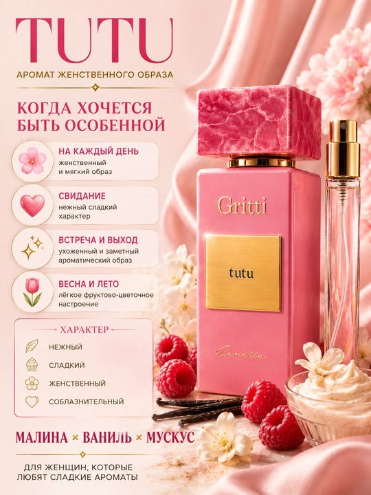 Gritti Tutu ayollar atirlari, ayollar uchun gul parfyumeriyasi, shleyfli ayollar atirlari