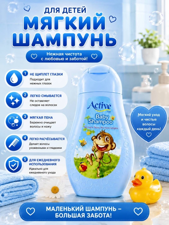 Active Soft Baby Shampoo детский шампунь, мягкий уход, ежедневное применение - 