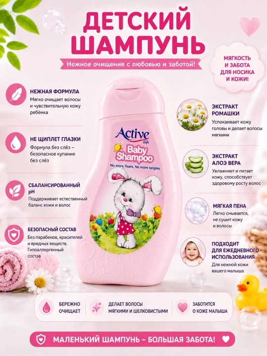 Active Soft Baby Shampoo детский шампунь, мягкий уход, ежедневное применение