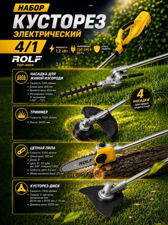 Электрический кусторез 4 в 1 ROLF TOP-4004, 1200 Вт, триммер, цепная пила и высоторез