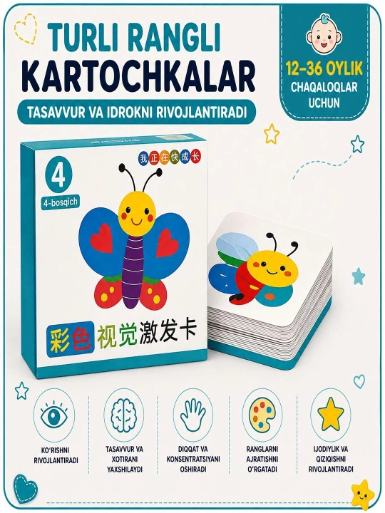 Bolalarning tug‘ilishidan boshlab rivojlanishi uchun laminatsiyalangan oq-qora va rangli kartochkalar - 