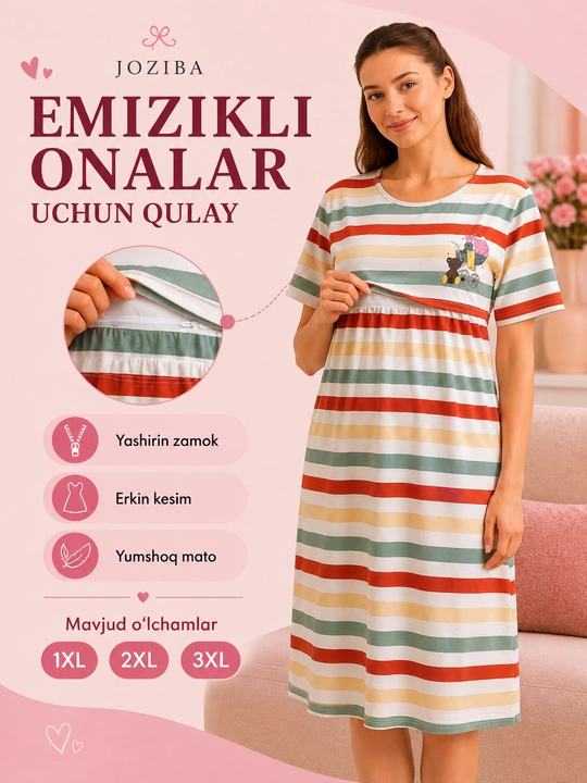 Homilador va emizikli ayollar uchun ko‘ylak, roddom va uy uchun qulay, yashirin zamokli - 