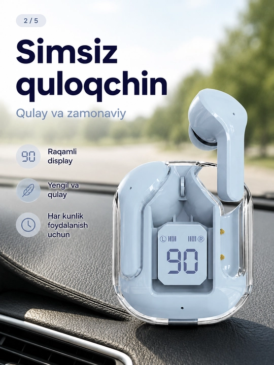 Raqamli indikatorli simsiz TWS quloqchin, shaffof zaryad qutisi bilan
