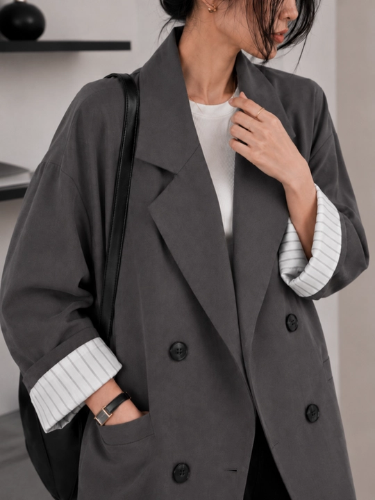 Ayollar uchun oversayz pidjak-bleyzer, ikki bortli, erkin bichim, S–XL