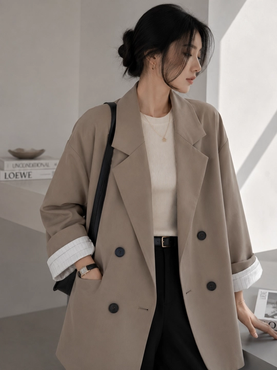 Ayollar uchun oversayz pidjak-bleyzer, ikki bortli, erkin bichim, S–XL