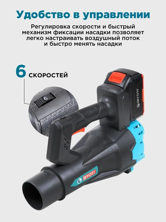 Аккумуляторная воздуходувка BIYOTI BYT-EB06 20 В, 1080 Вт, 4,1 м³-мин, 2 АКБ 4 А·ч