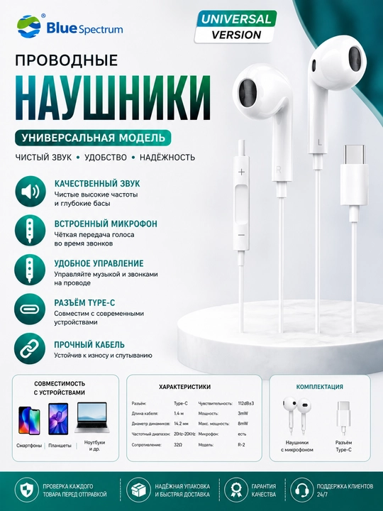 Проводные наушники Blue Spectrum R-2 Type-C с микрофоном и управлением - 