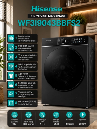 Современная автоматическая стиральная машина Hisense WF3I9043BBFS2 с нагрузочной емкостью 9 кг - 