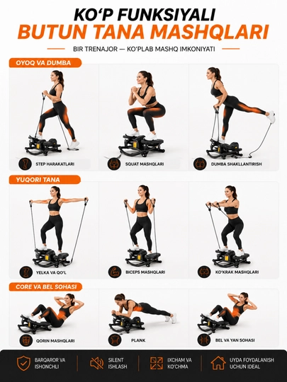 Stepper trenajor, espanderli mini stepper, uyda kardio va oyoq mashqlari uchun