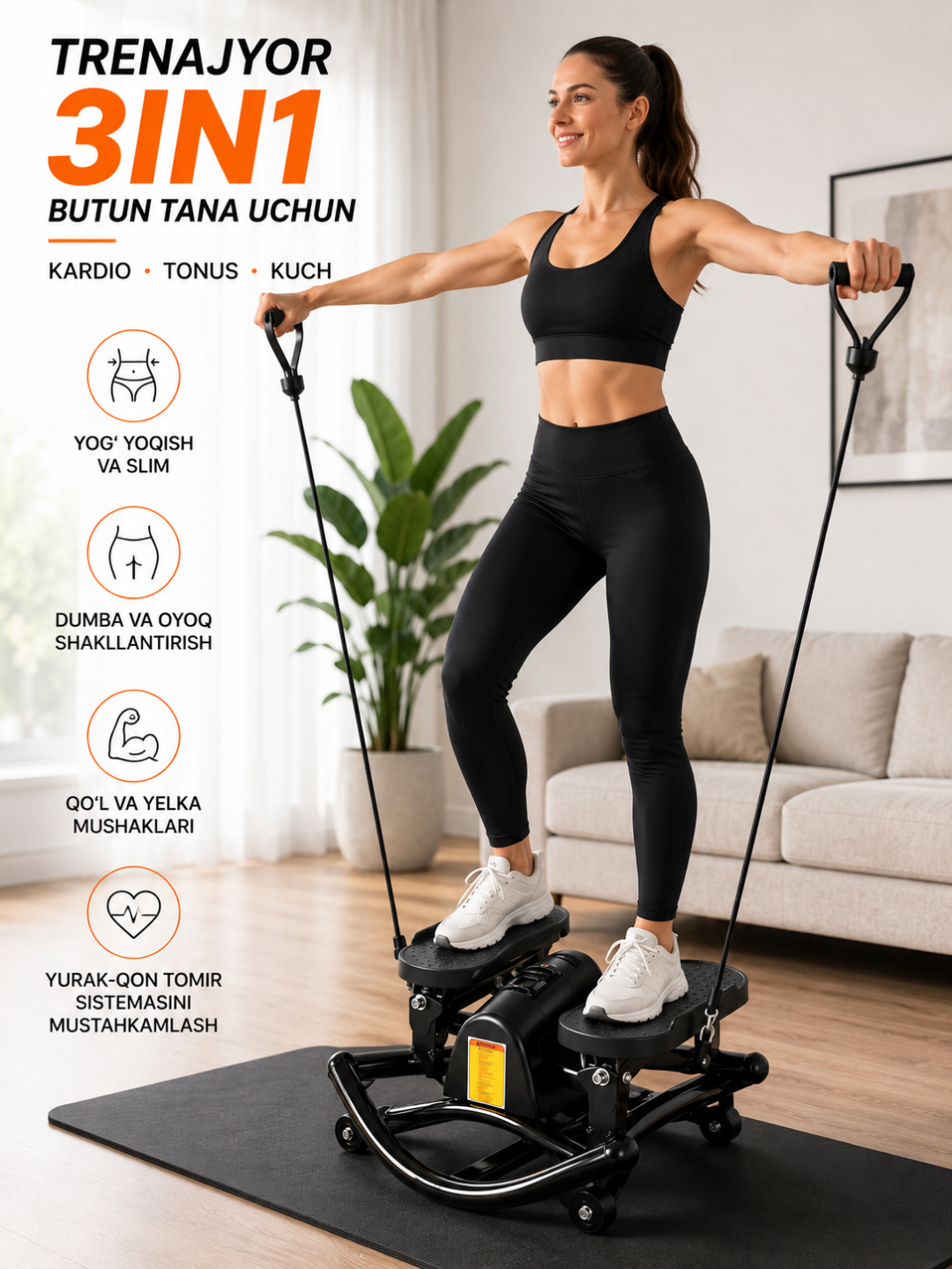 Stepper trenajor, espanderli mini stepper, uyda kardio va oyoq mashqlari uchun