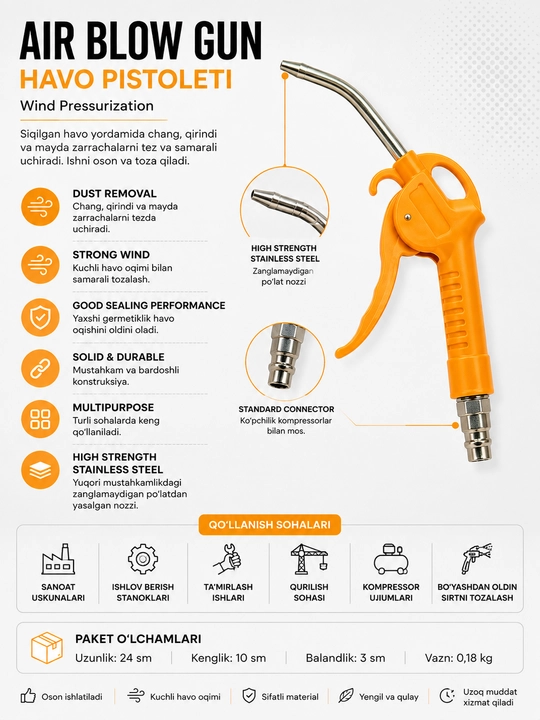 AIR BLOW GUN havo pistoletti – kuchli havo oqimi, pnevmatik tozalash uchun - 