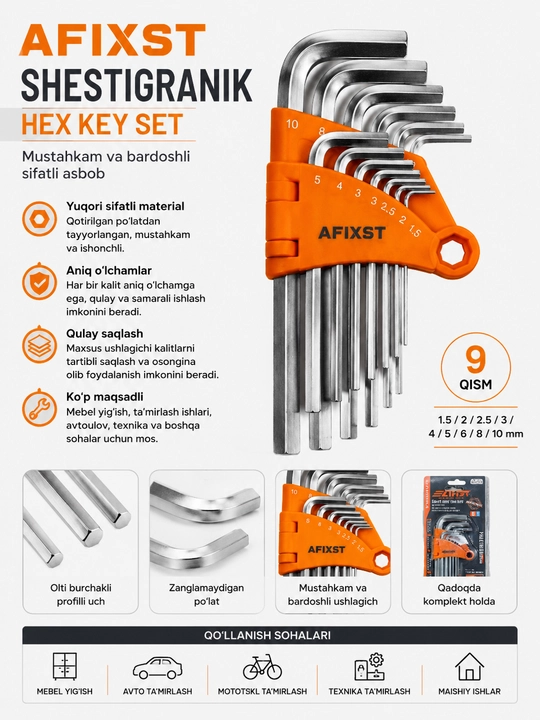 AFIXST Shestigranik kalitlar to‘plami, 9 dona, 1.5–10 mm - 