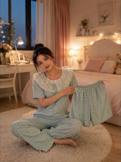 Ayollar uchun kashtadoz yoqali nuqtali pijama to'plami kofta, shim va shortik - 