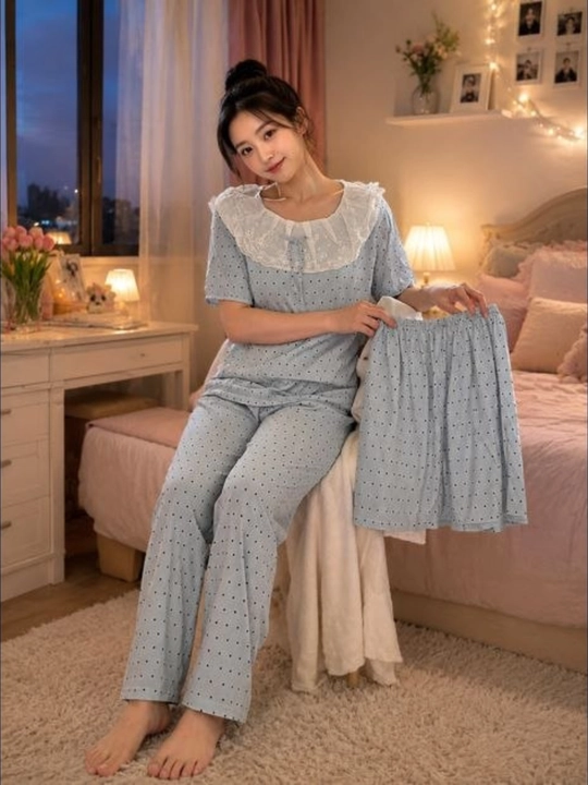 Ayollar uchun kashtadoz yoqali nuqtali pijama to'plami kofta, shim va shortik