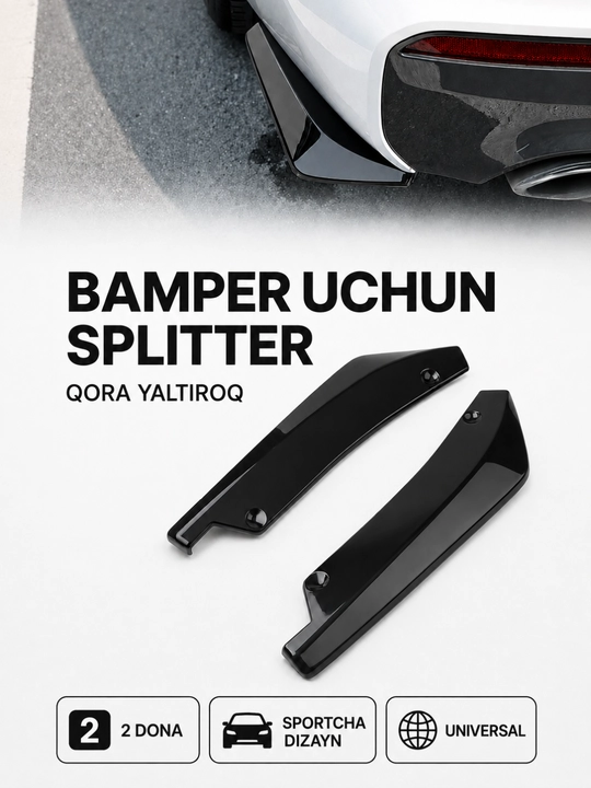 Avtomobil bamperi uchun universal splitter, 2 dona, qora yaltiroq va karbon ko‘rinishli - 