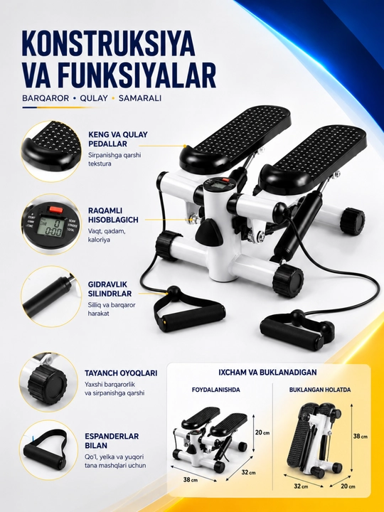 Stepper trenajor espanderli, oyoq va dumba mashqlari uchun mini stepper