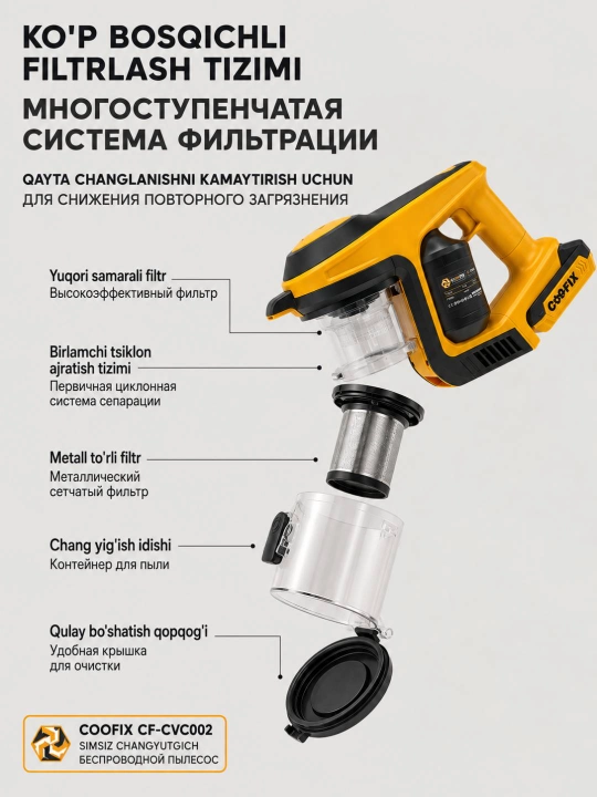 COOFIX | Uy uchun changyutgich,vertikal changyutgich, simsiz changyutgich pilesos 20V 230Vt