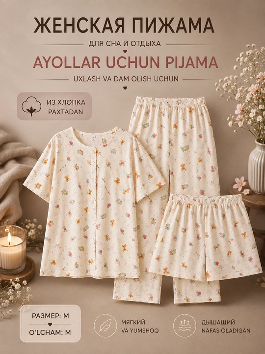 Женская пижама, 3 в 1, из хлопка, футболка, брюки и шорты - 