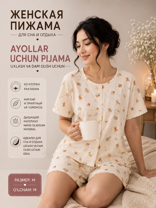 Ayollar pijamasi, 3 tasi 1 da, paxtadan, futbolka, shim va shorti