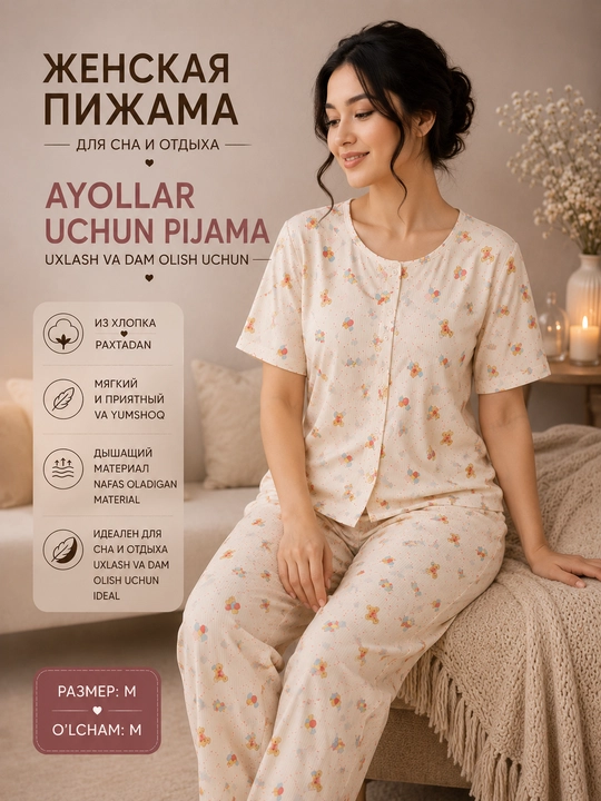 Ayollar pijamasi, 3 tasi 1 da, paxtadan, futbolka, shim va shorti