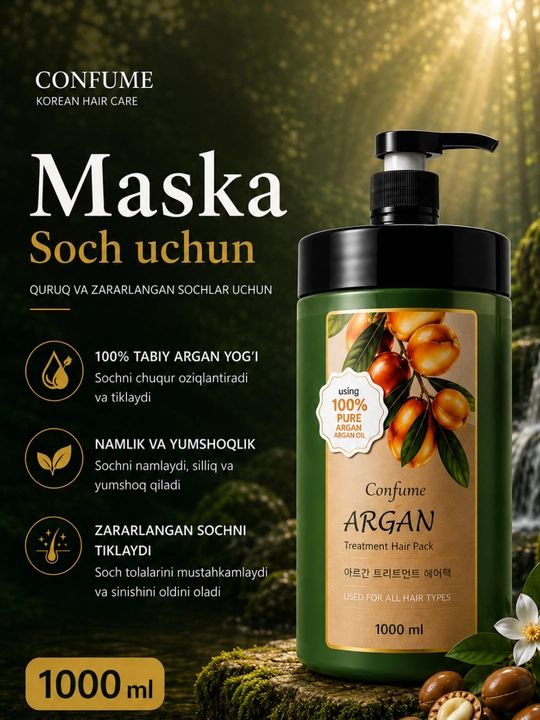 Soch uchun maska, barcha turdagi sochlarga, qayta tiklovchi, argan yo'gli,Confume Koreya - 