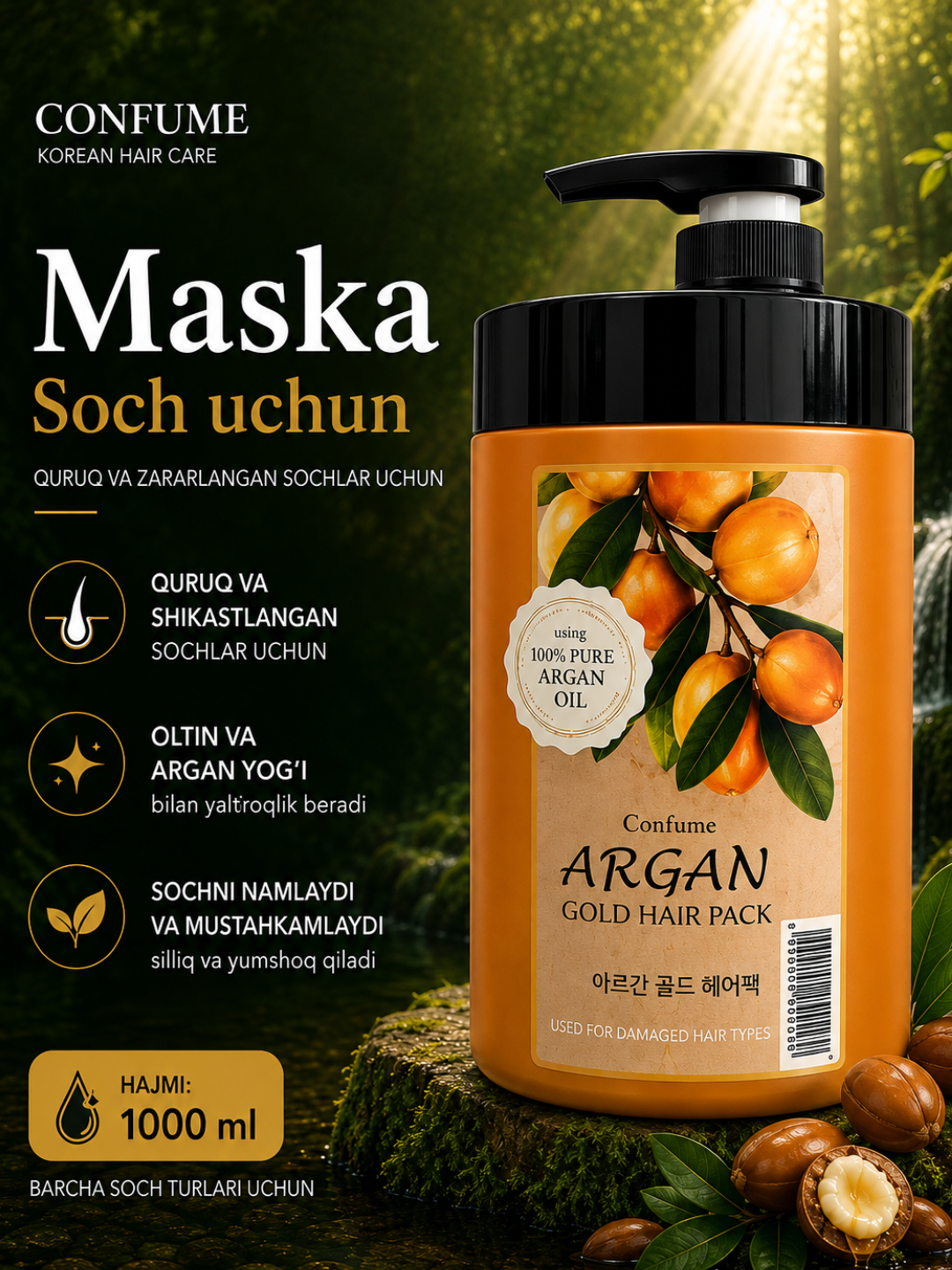 Soch uchun maska, barcha turdagi sochlarga, qayta tiklovchi, argan yo'gli,Confume Koreya - 