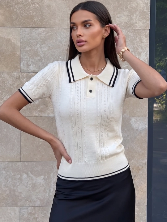 Ayollar ajur polo futbolkasi Elly Fashion, to‘qilgan top, yagona o‘lcham 40-44