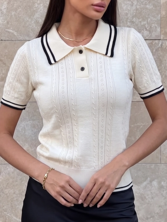 Ayollar ajur polo futbolkasi Elly Fashion, to‘qilgan top, yagona o‘lcham 40-44