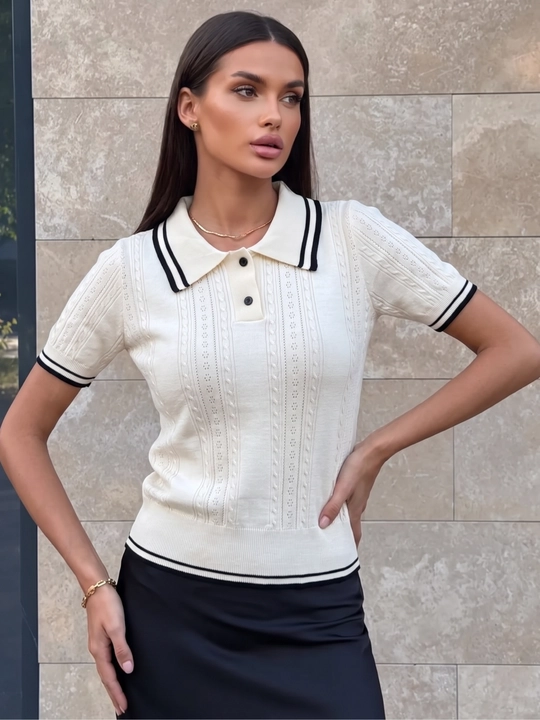 Ayollar ajur polo futbolkasi Elly Fashion, to‘qilgan top, yagona o‘lcham 40-44