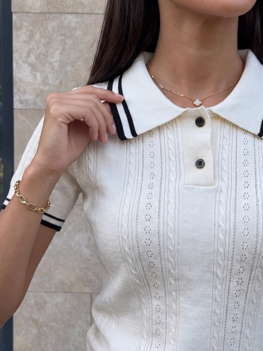 Ayollar ajur polo futbolkasi Elly Fashion, to‘qilgan top, yagona o‘lcham 40-44